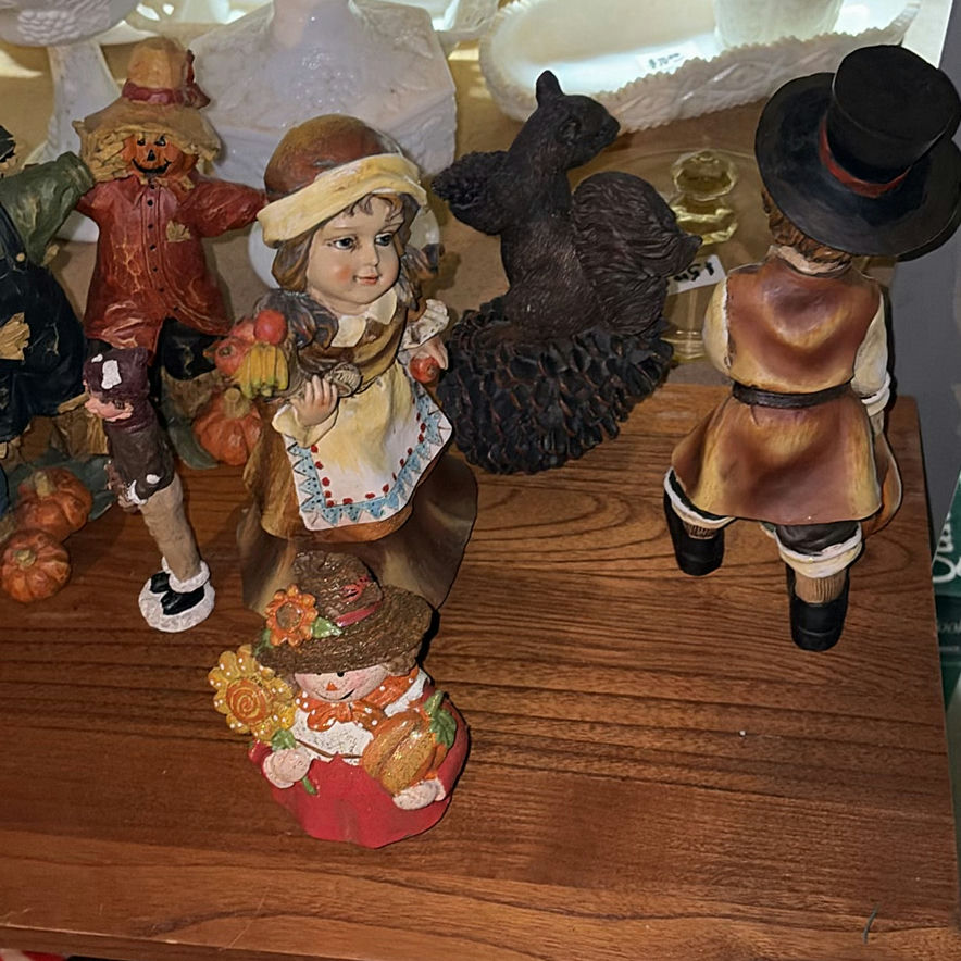 Autumn harvest and holiday decor on wooden shelf - image 3 of 7