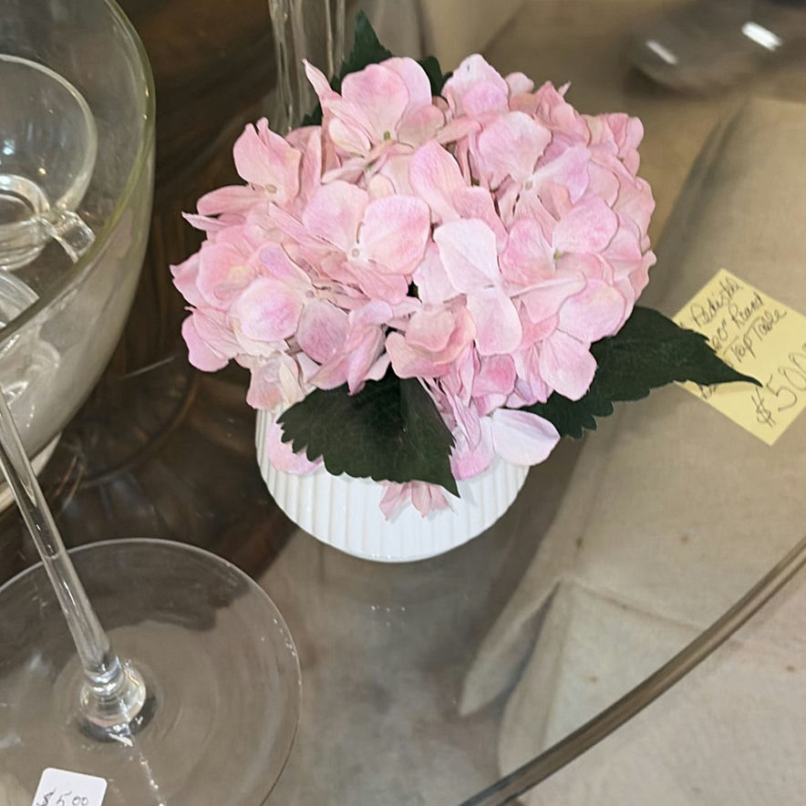 Clear glass teacups with saucers, champagne flute, decanter, and pink hydrangea centerpiece - image 3 of 5