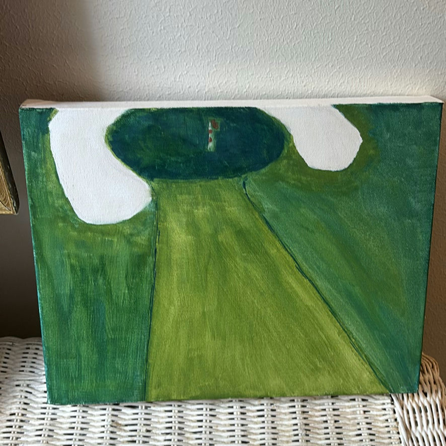 Framed memorial photograph, abstract canvases, and vintage vinyl records - image 4 of 11