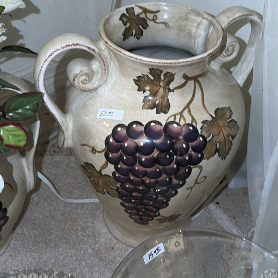 Grapevine-Decorated Ceramic Vases with White Roses and Etched Glassware - image 2 of 8