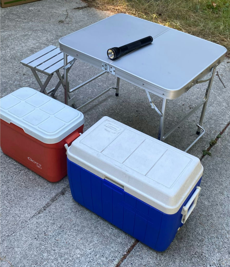 Folding camping table with two coolers, flashlight, and folding stool - image 1 of 6