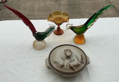 Blown Glass Roosters, Amber Dish And Ceramic Baking Dish - Image 1 of 11
