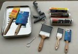 Assorted painting tools: brushes, rollers, and tray - thumbnail 1 of 4