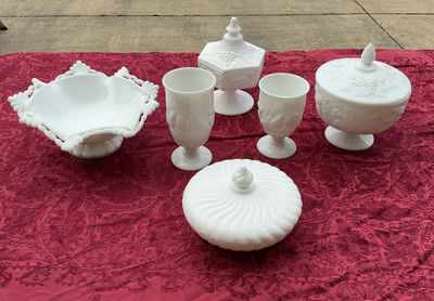 Milk glass tableware collection with lidded bowls, goblets, and a compote - Image 1 of 12