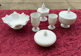 Milk glass tableware collection with lidded bowls, goblets, and a compote - thumbnail 1 of 12