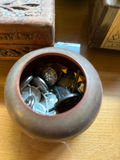 Vintage ceramic jug with crock, carved wooden box, handcrafted tic-tac-toe set, and button-filled ceramic pot - thumbnail 3 of 3