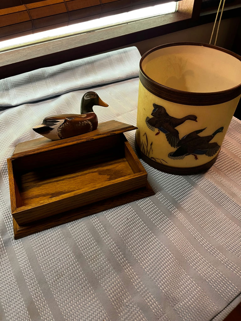 Duck decoy on wooden display stand and hand-painted ceramic bird cylinder - image 2 of 3