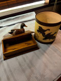 Duck decoy on wooden display stand and hand-painted ceramic bird cylinder - thumbnail 2 of 3