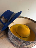 Round tapestry hatbox with blue and yellow hats - thumbnail 2 of 4