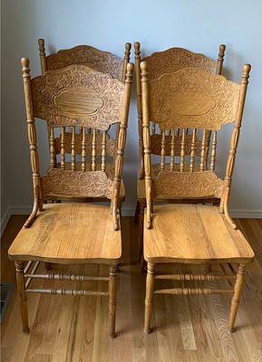 Set Of Four Vintage Press Back Solid Oak Chairs - Image 1 of 6