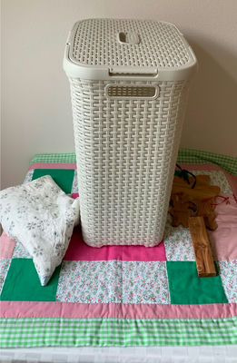 Plastic Hamper, Handheld Steamer And Small Quilts - Image 1 of 7