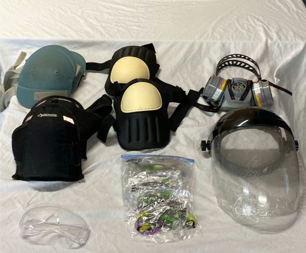 Knee pads, elbow pads, respirator, face shield, goggles, and earplugs PPE set - image 1 of 9