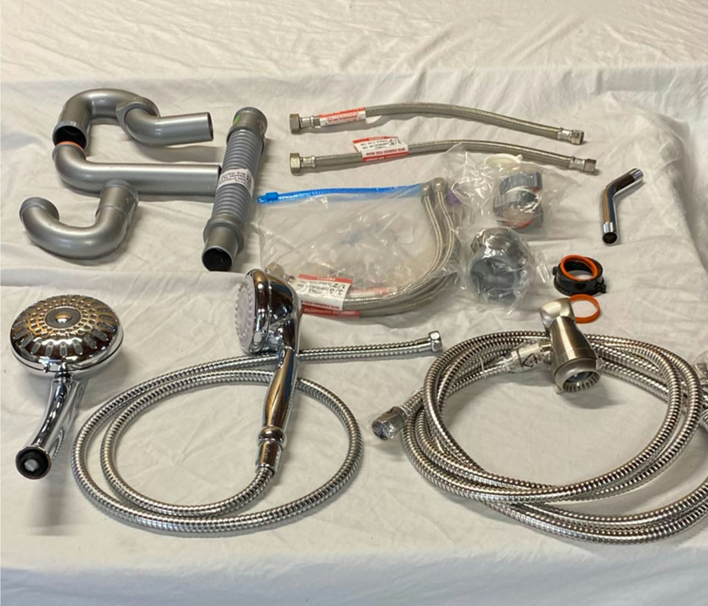 Shower head with hoses and assorted plumbing fittings - image 1 of 6