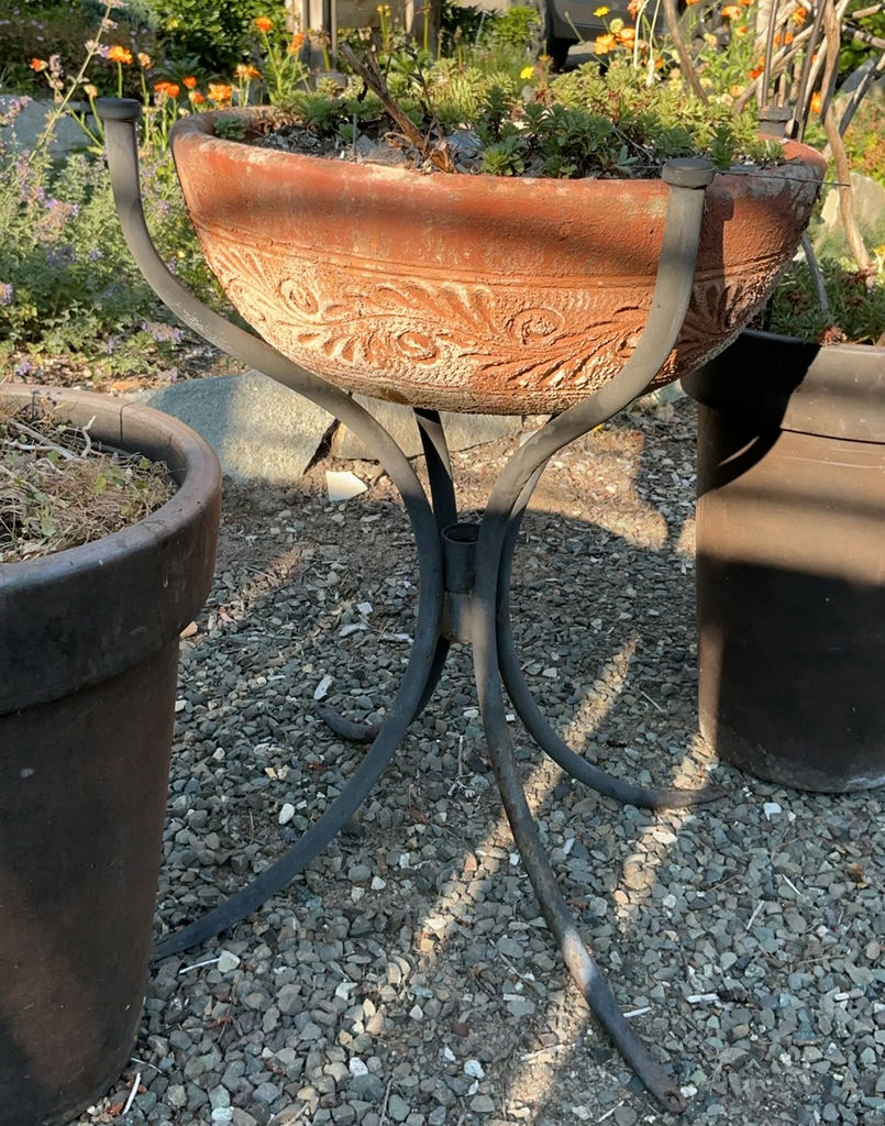 Unique Ceramic Planter On Stand And Pair Of Tall Plastic Planters - image 2 of 5
