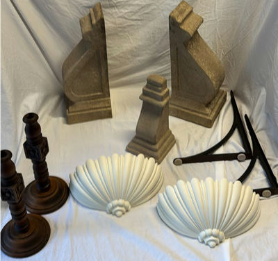 Assorted decorative home items: candlesticks, pedestals, brackets, and shell decor - Image 1 of 9