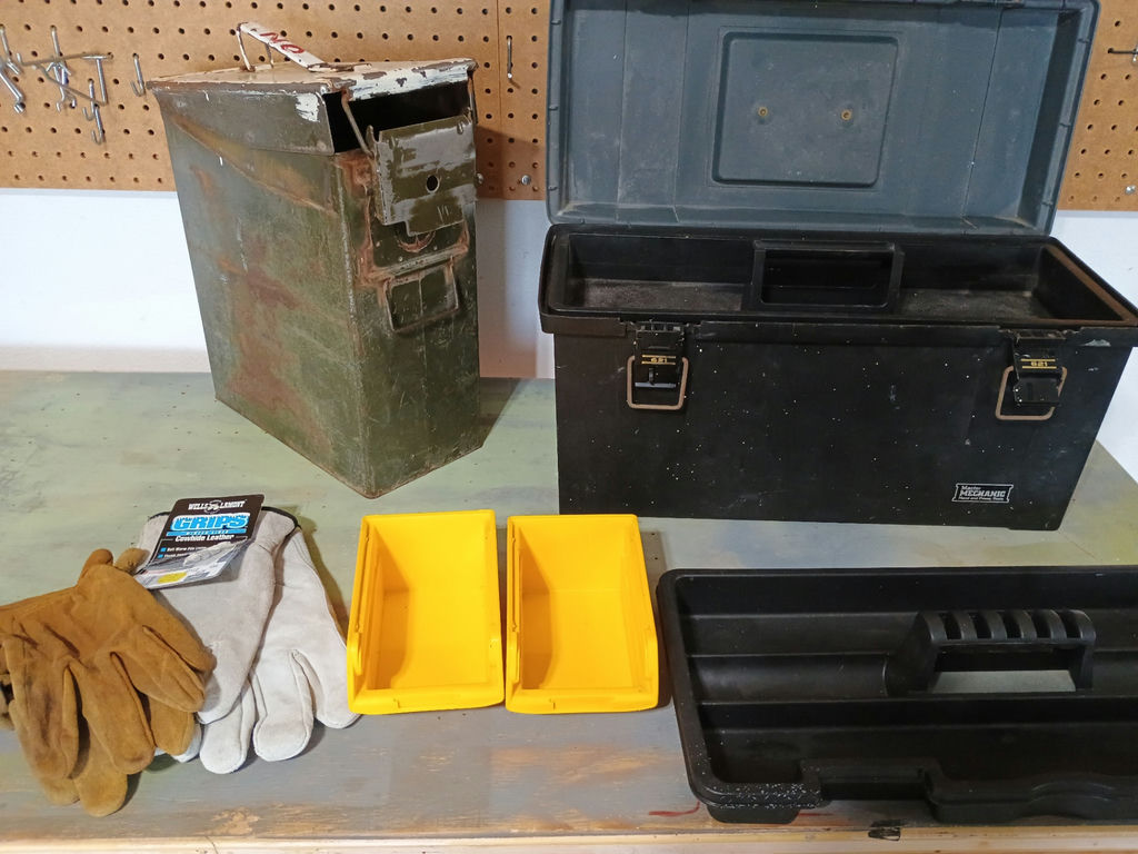 Assorted workshop storage containers and gloves - image 1 of 6