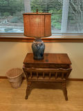 Table Lamp, VTG Wooden Magazine Table, and Wicker Wastebasket - thumbnail 1 of 8