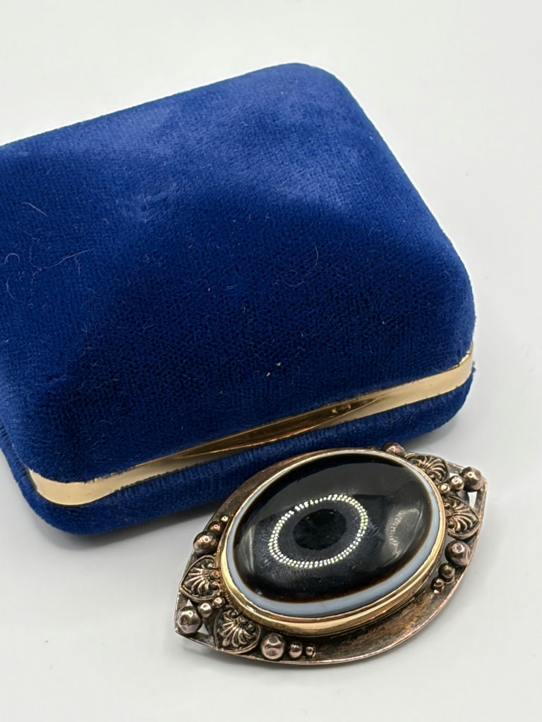 Vintage Signed Birks Banded "Bullseye" Agate Brooch - image 1 of 8