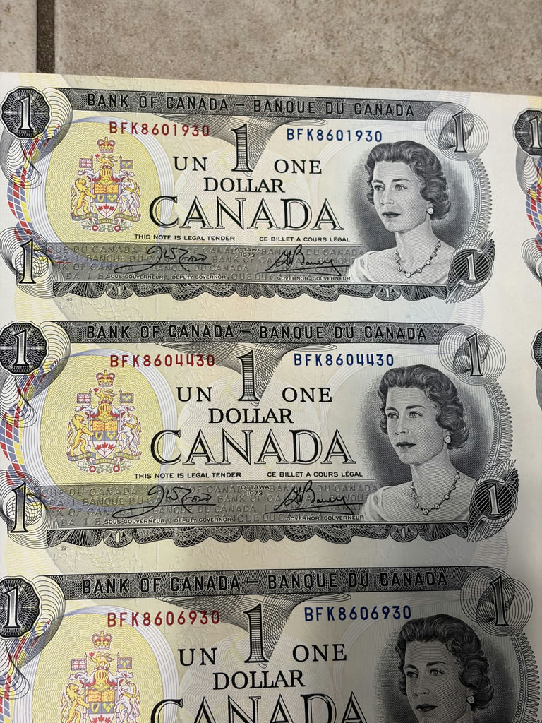 1973 Bank of Canada $1 Uncut Sheet of 40 Notes - BFK Prefix - AU/XF - image 11 of 30