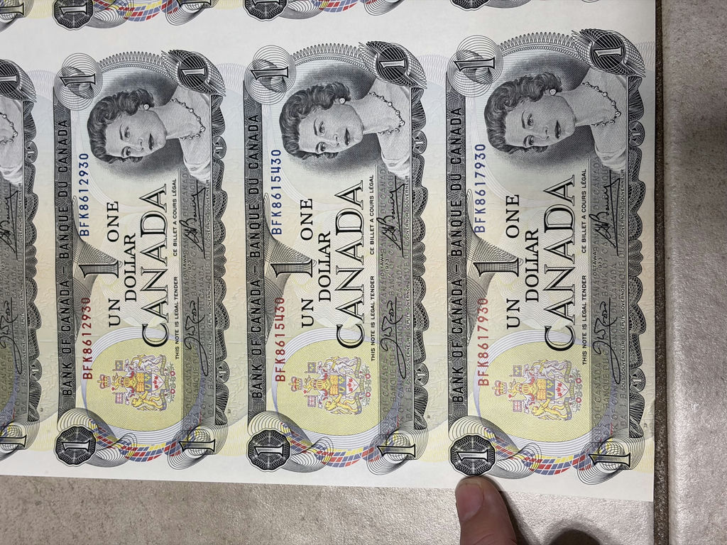 1973 Bank of Canada $1 Uncut Sheet of 40 Notes - BFK Prefix - AU/XF - image 4 of 30
