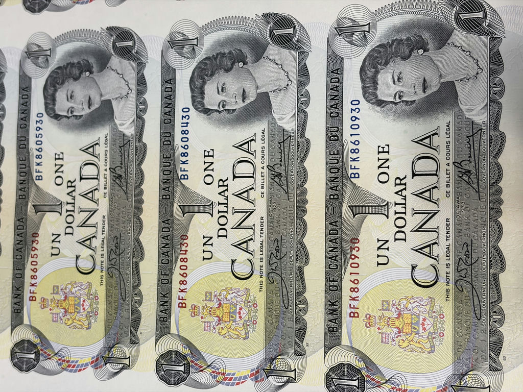 1973 Bank of Canada $1 Uncut Sheet of 40 Notes - BFK Prefix - AU/XF - image 6 of 30