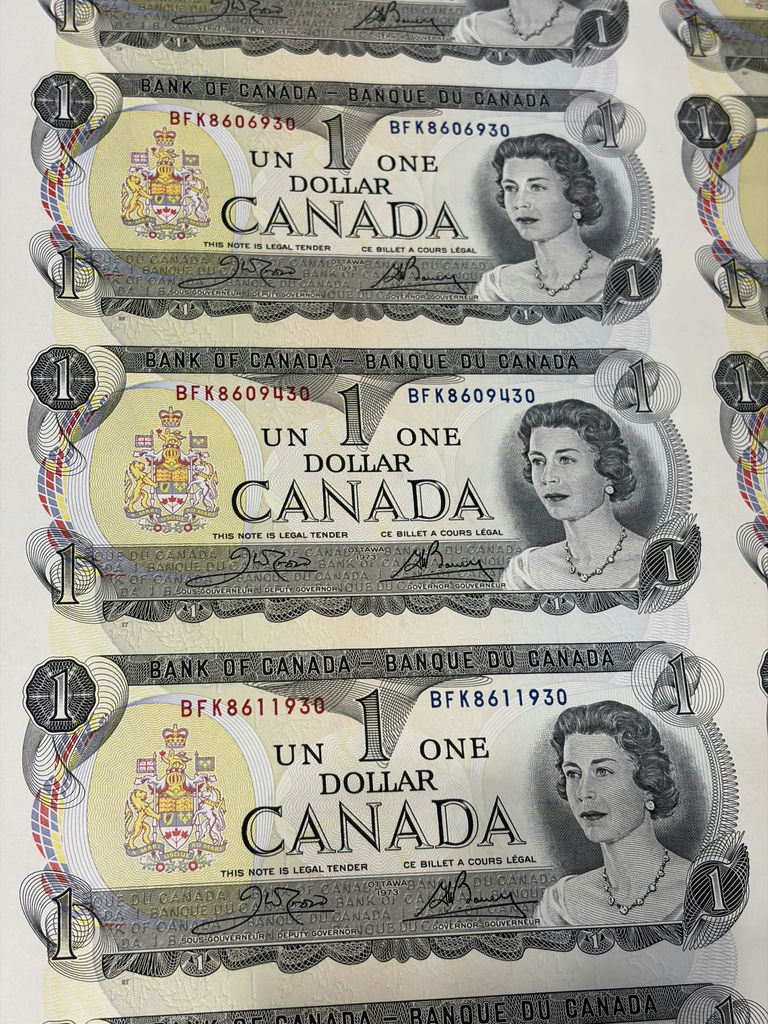 1973 Bank of Canada $1 Uncut Sheet of 40 Notes - BFK Prefix - AU/XF - image 10 of 30