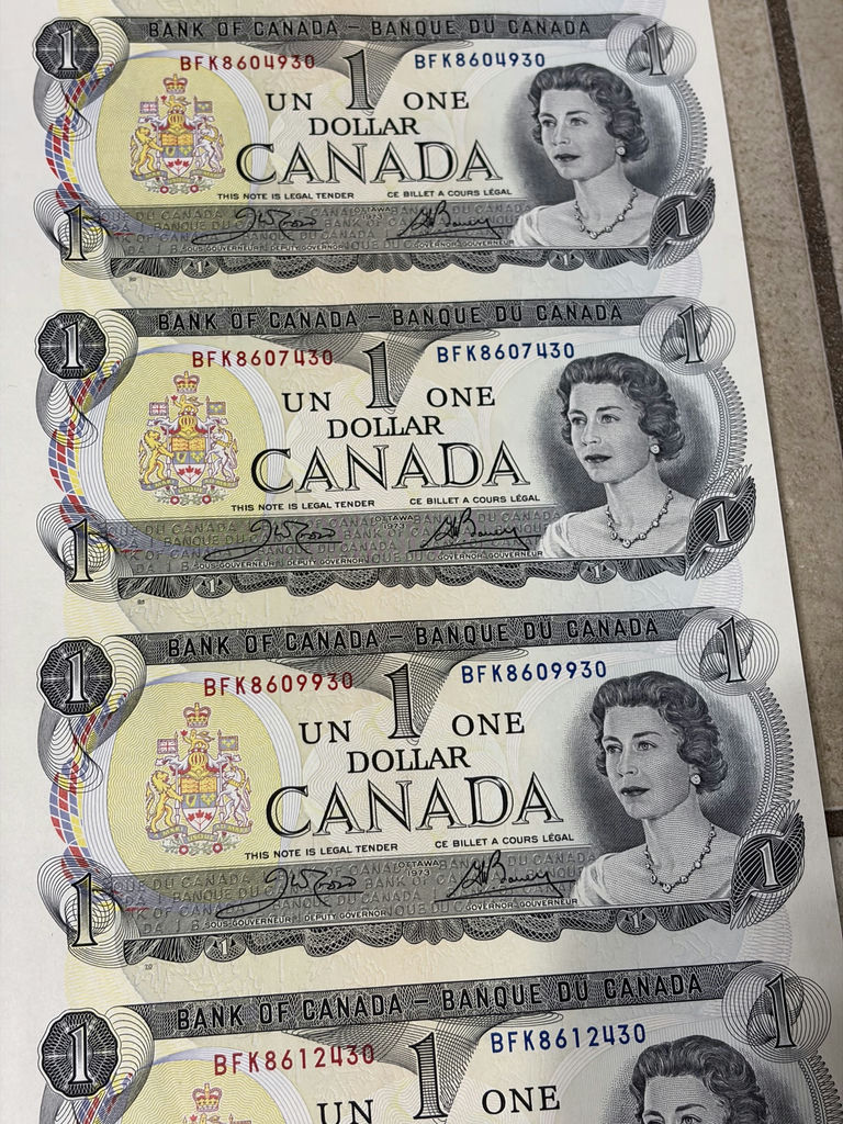 1973 Bank of Canada $1 Uncut Sheet of 40 Notes - BFK Prefix - AU/XF - image 14 of 30