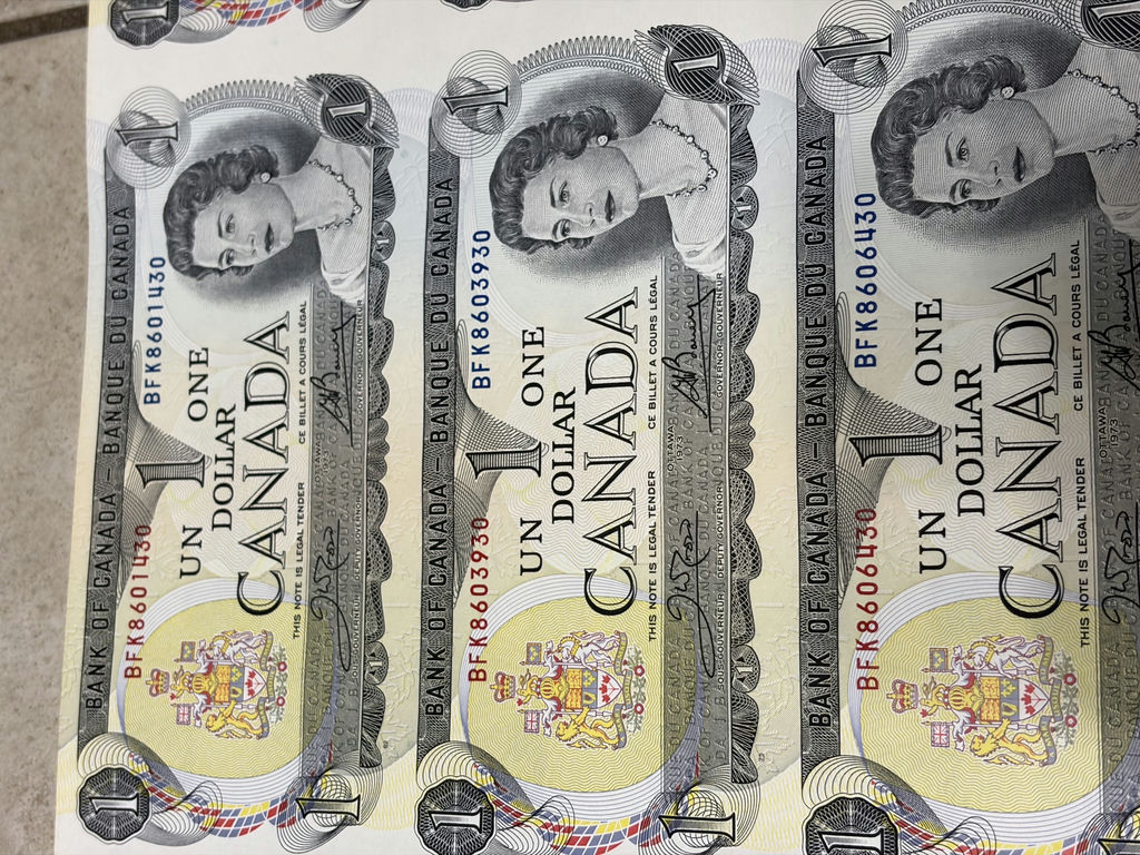 1973 Bank of Canada $1 Uncut Sheet of 40 Notes - BFK Prefix - AU/XF - image 8 of 30