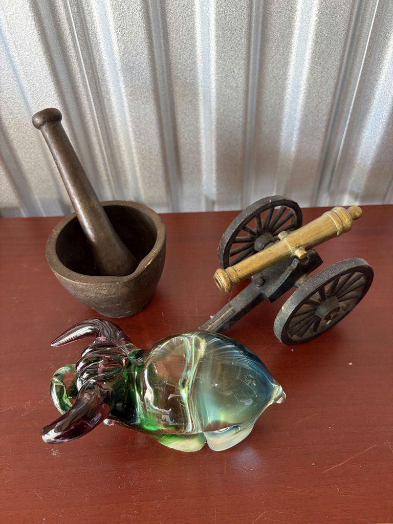 Glass Bull, Metal Cannon And Mortar And Pestle - image 2 of 16