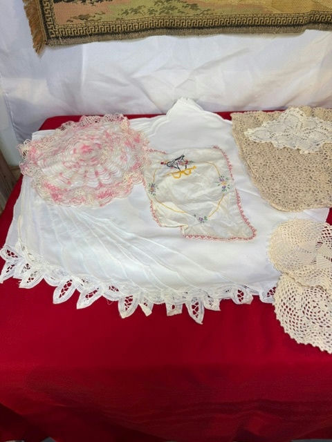 Tapestry wall hanging with lace linens and crocheted doilies - image 3 of 5
