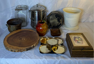 Assorted vintage containers, boxes, ceramics and wood slice pedestal - Image 1 of 7