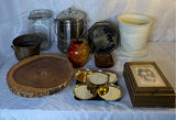 Assorted vintage containers, boxes, ceramics and wood slice pedestal - thumbnail 1 of 7