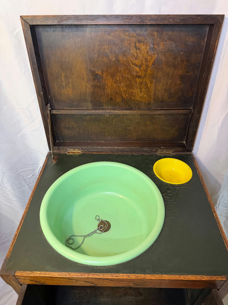Vintage wooden washstand cabinet with basin - image 3 of 8