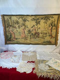 Tapestry wall hanging with lace linens and crocheted doilies - thumbnail 1 of 5