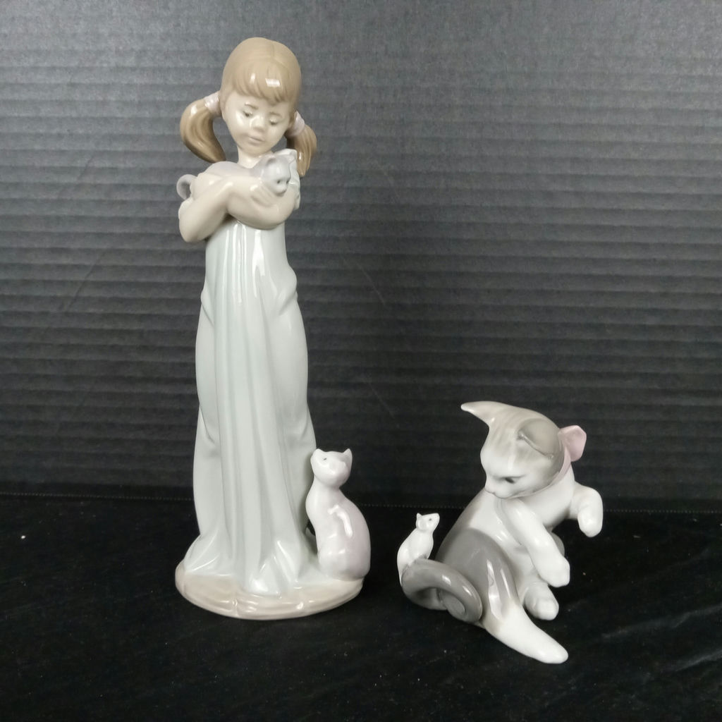 Lladro Girl w/Cat & Playful Kitten Figurines - image 1 of 12