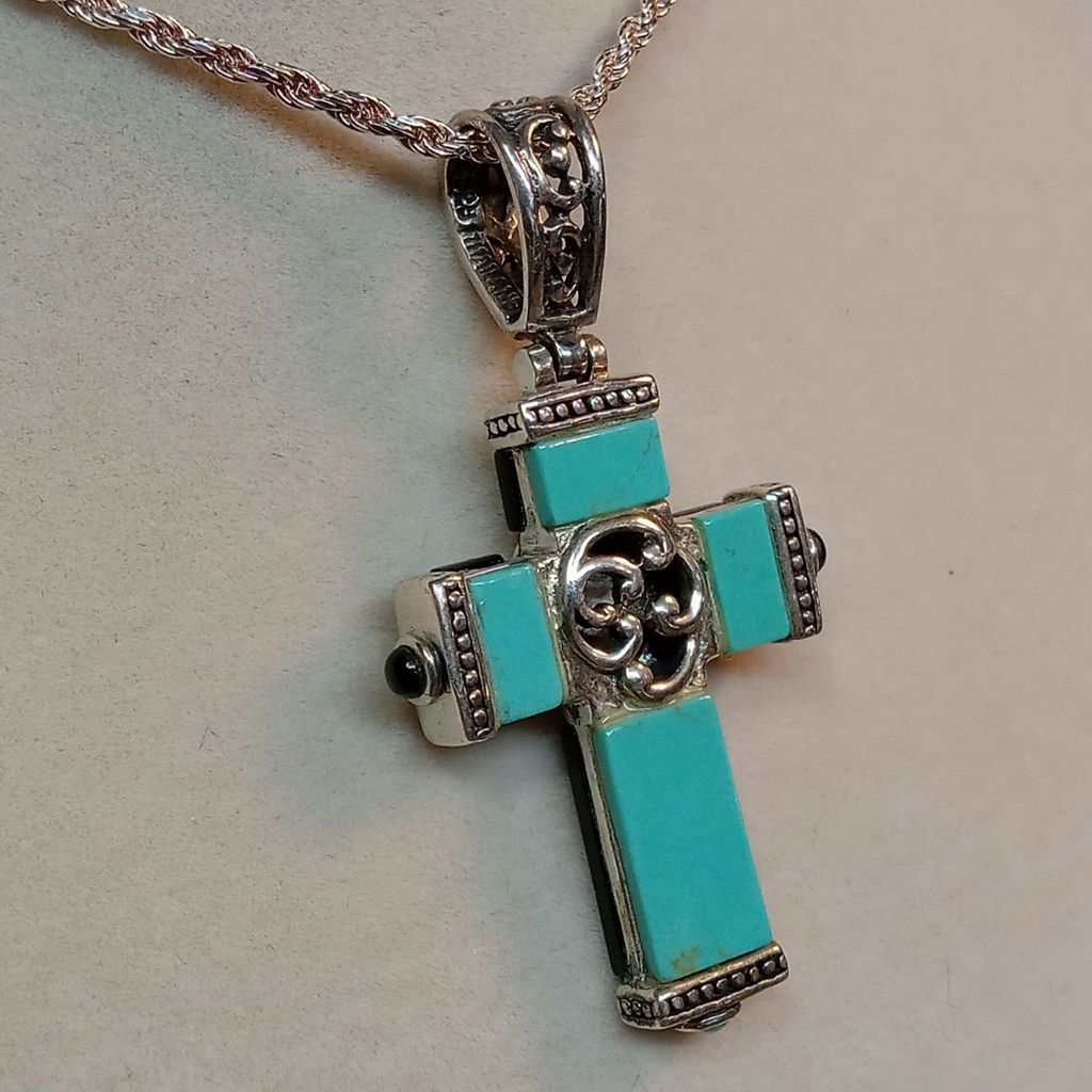 Sterling, Onyx, & Turquoise Reversible Crucifix (STR 10.2dwt) - image 4 of 10