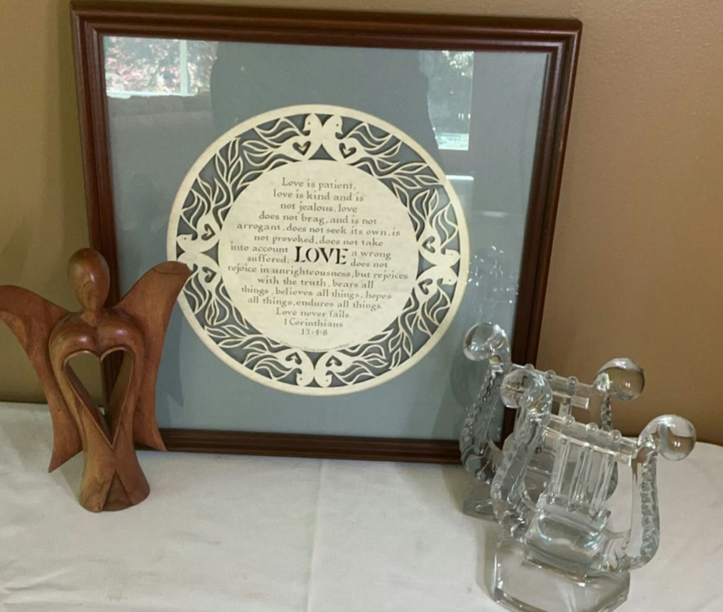 Framed famous Bible Phrase about Love, wooden angel, glass vintage bookends - image 1 of 10