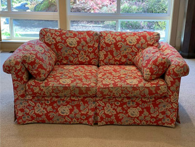 Red Floral Fabric Love Seat - Image 1 of 7