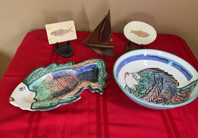 Painted Fish Ceramic Serving Pieces, Fish Fossils - Image 1 of 8