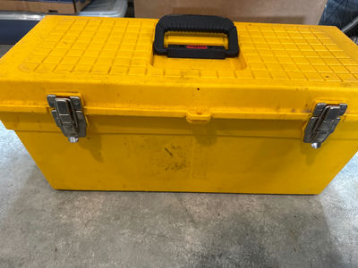 Yellow Plastic Toolbox with Hardware and Tools - Image 1 of 4