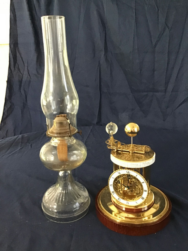 Antique glass oil lamp and ornate brass calendar clock(needs glass dome) - image 1 of 3