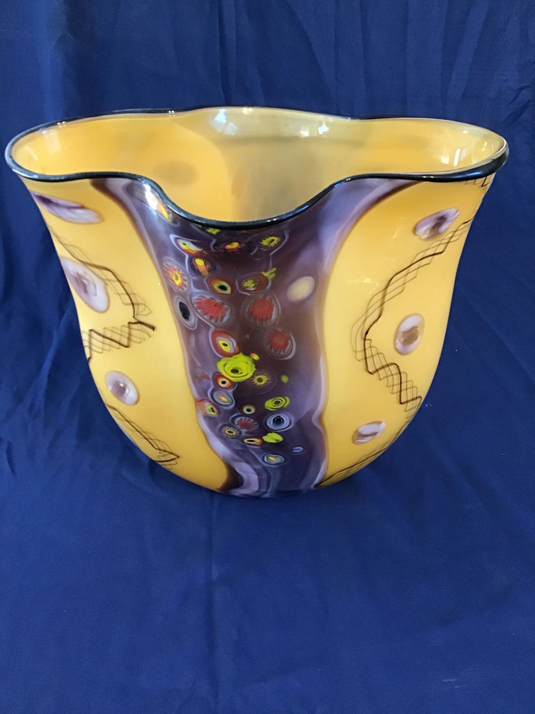 Yellow and purple decorative blown glass vase $50 min bid - image 2 of 3