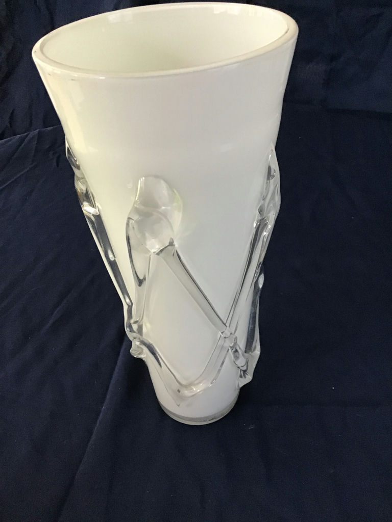 Two glass vases: etched floral clear vase and frosted white vase with clear geometric accents - image 2 of 3