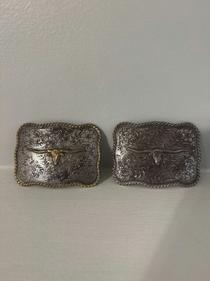 Pair of ornate longhorn steer belt buckles - Image 1 of 4