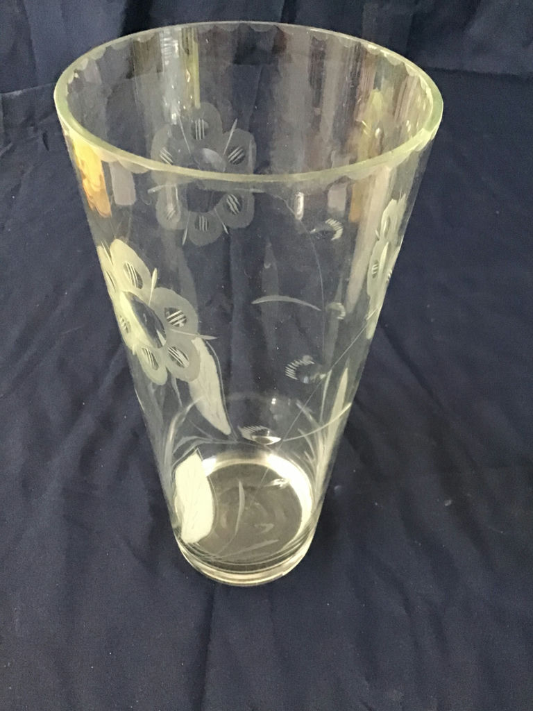 Two glass vases: etched floral clear vase and frosted white vase with clear geometric accents - image 3 of 3