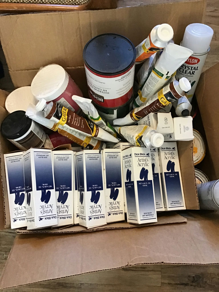 Assorted paint supplies including acrylics and spray paints - BOX IS HEAVY - image 2 of 3