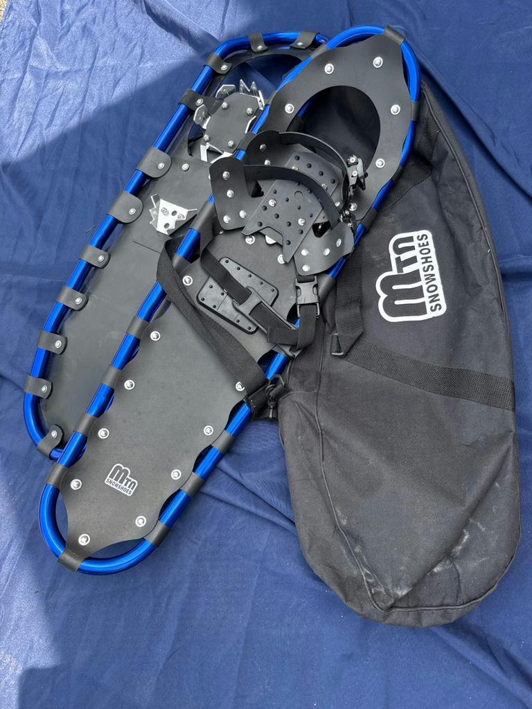 Blue-framed snowshoes with bindings and carrying bag - image 1 of 2