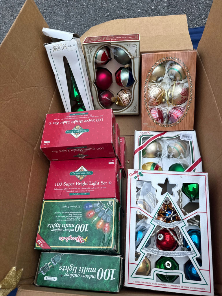Boxed Christmas ornaments and small artificial tree - image 2 of 5
