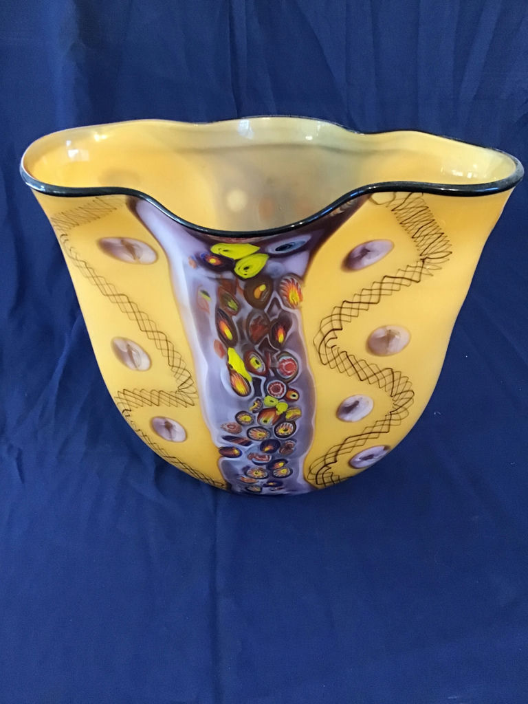 Yellow and purple decorative blown glass vase $50 min bid - image 3 of 3