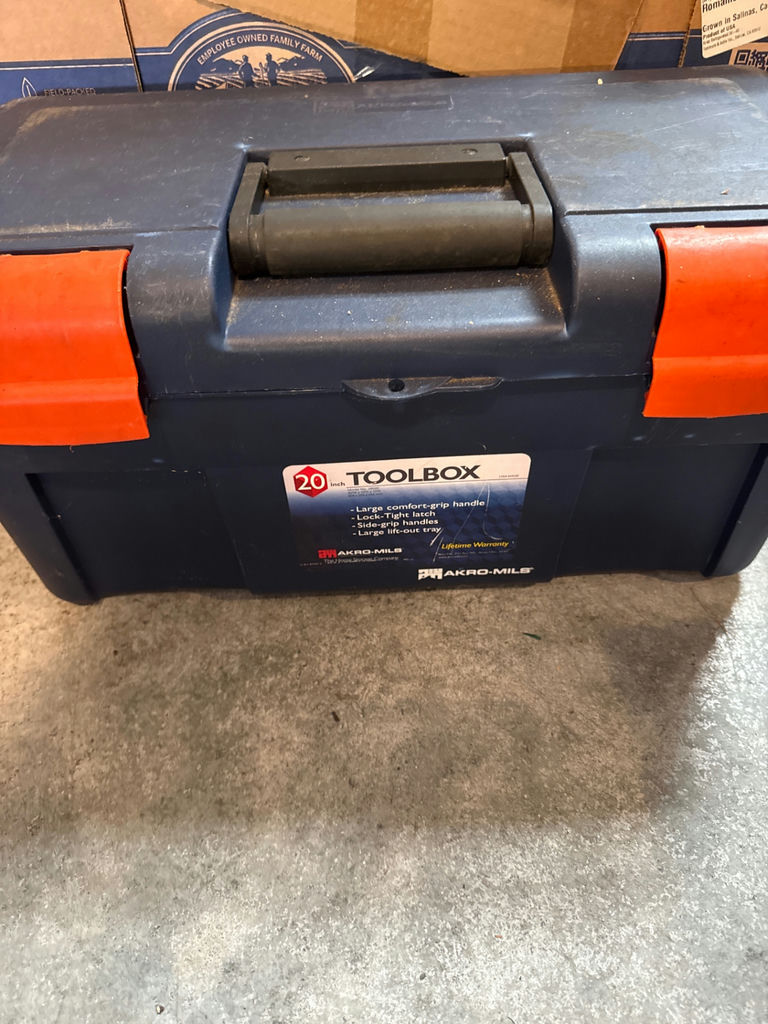 20-inch blue toolbox with orange latches and assorted hardware - image 1 of 3